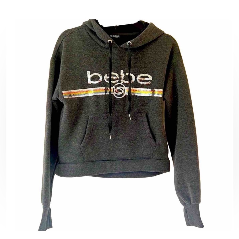 Vintage- Bebe Sequin Logo Crop Hoodie Women's Charcoal Gray Size Small